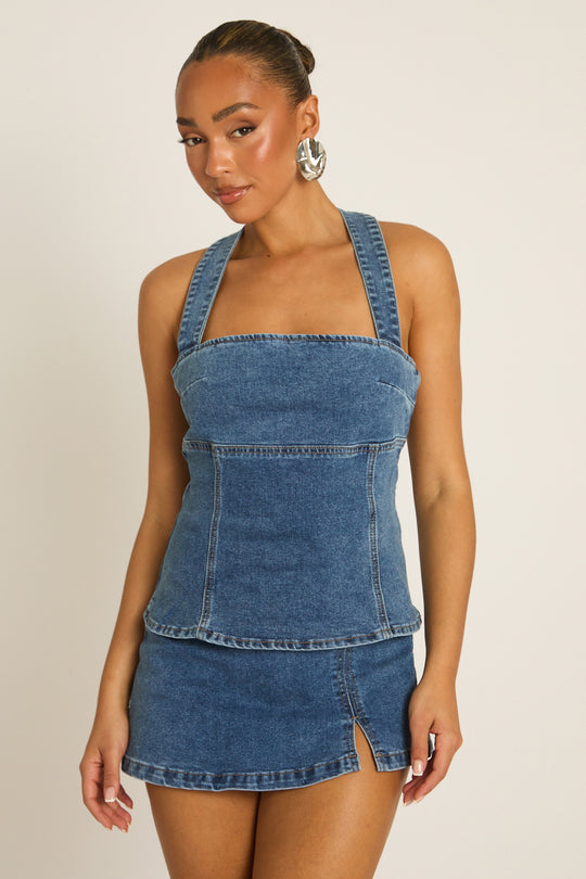 Mid Blue Denim Seam Detail Top - Layla