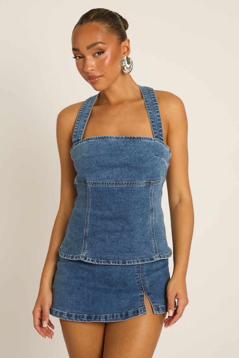 Mid Blue Denim Seam Detail Top - Layla