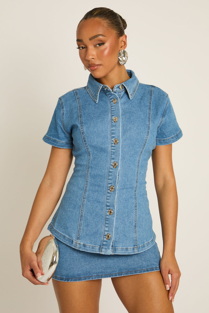 Mid Blue Cinched Waist Denim Shirt - Laurel