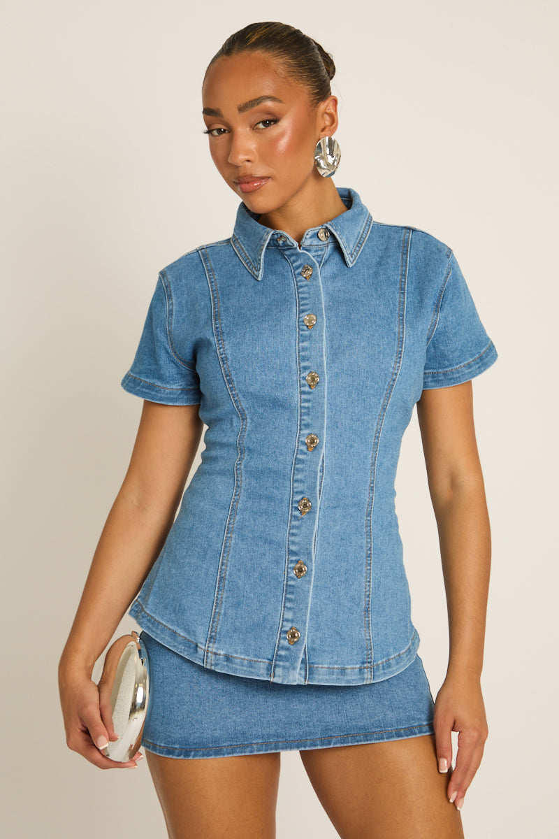 Mid Blue Cinched Waist Denim Shirt - Laurel