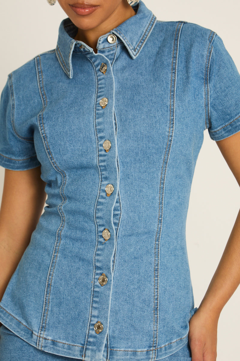 Mid Blue Cinched Waist Denim Shirt - Laurel
