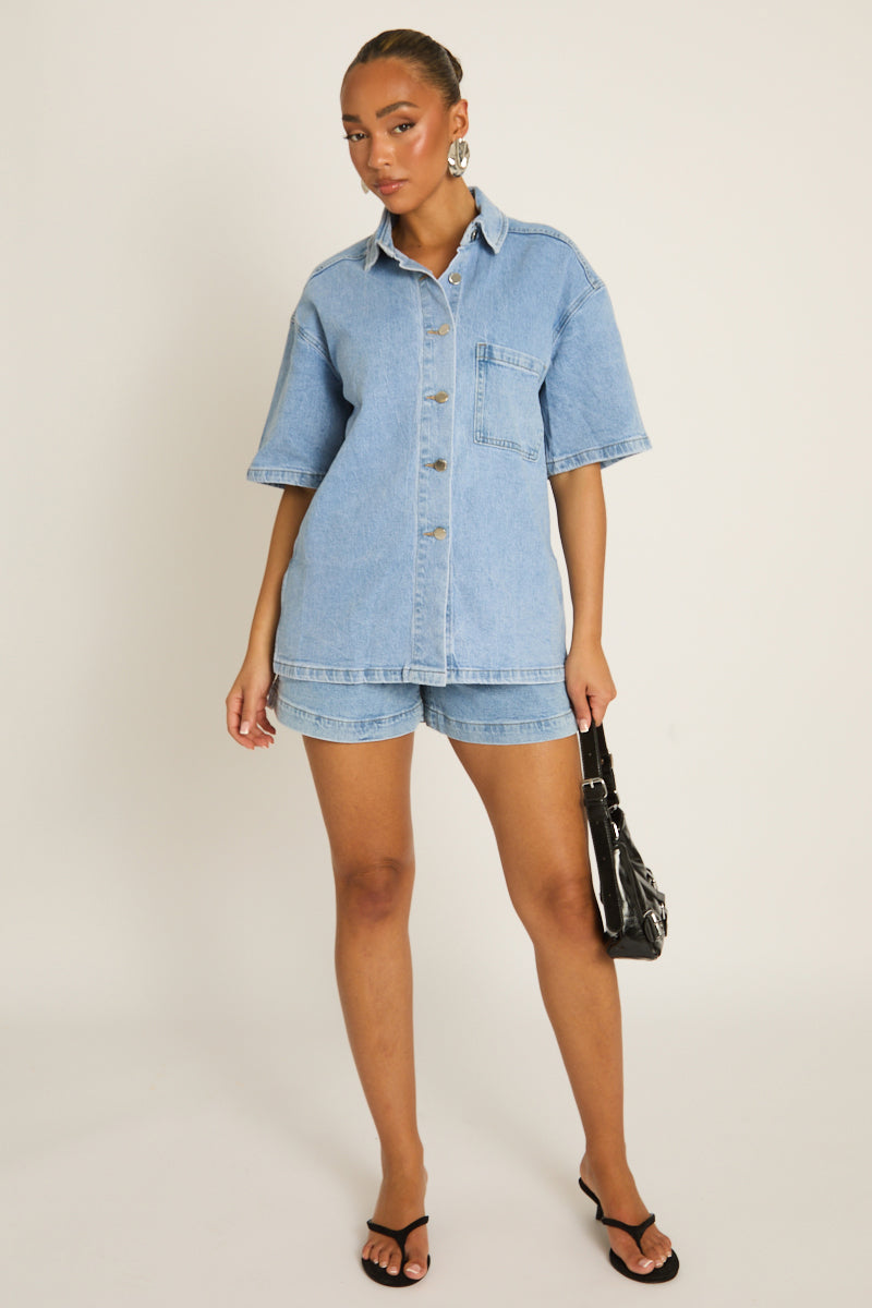 Washed Blue Denim Oversized Shirt - Carly