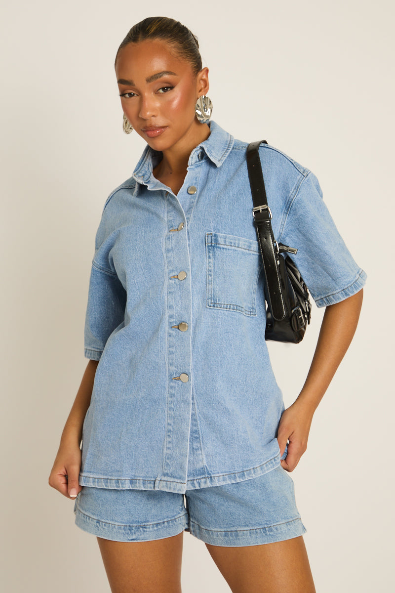 Washed Blue Denim Drawstring Waist Shorts - Hayley