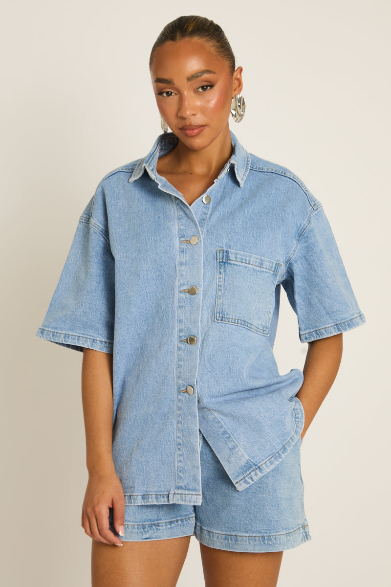 Washed Blue Denim Oversized Shirt - Carly