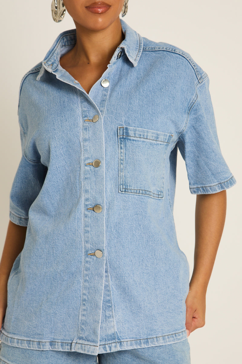 Washed Blue Denim Oversized Shirt - Carly
