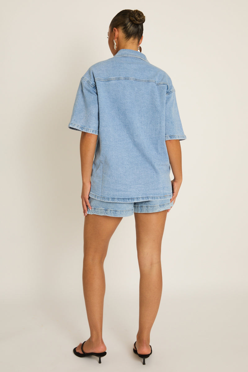 Washed Blue Denim Oversized Shirt - Carly