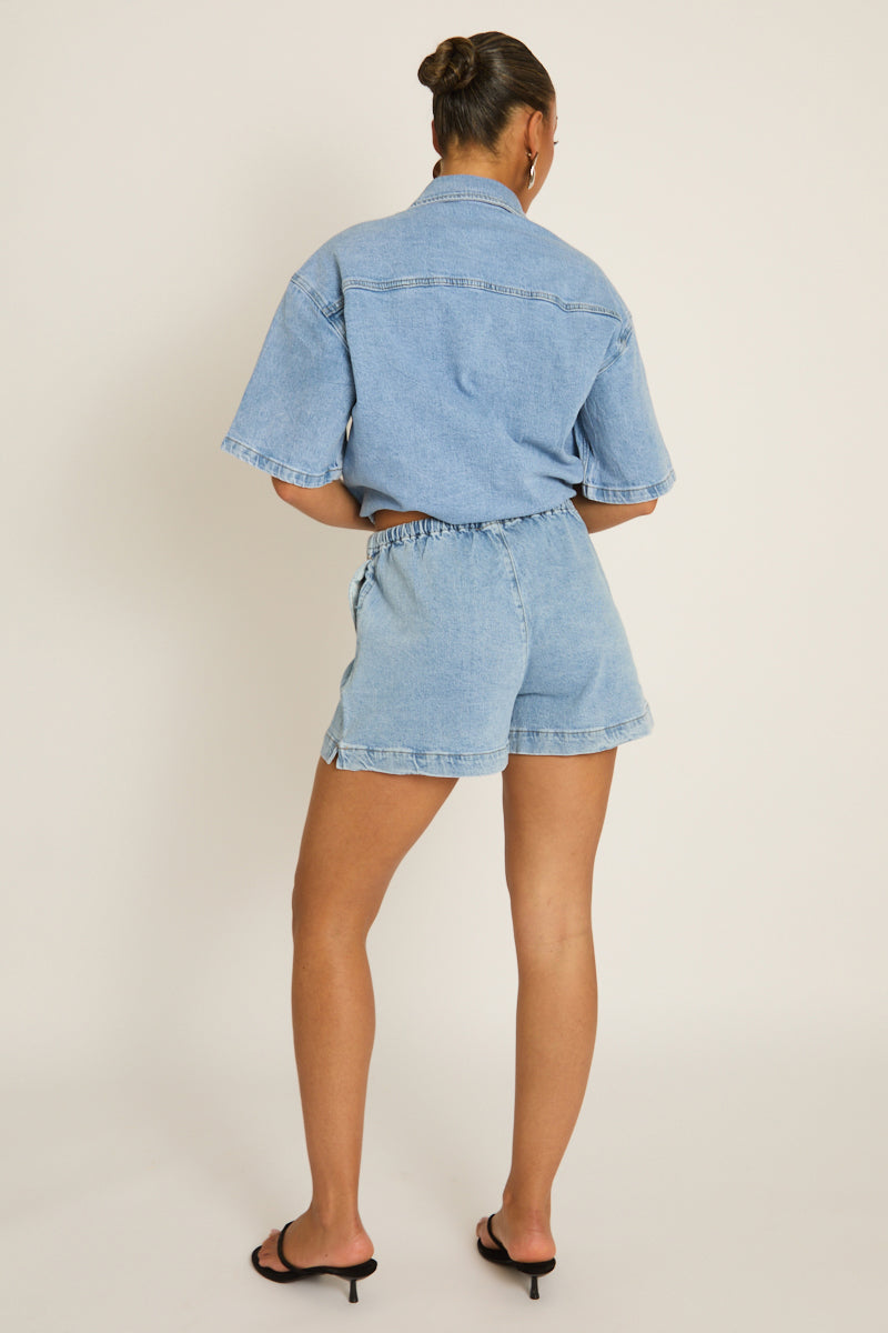 Washed Blue Denim Drawstring Waist Shorts - Hayley