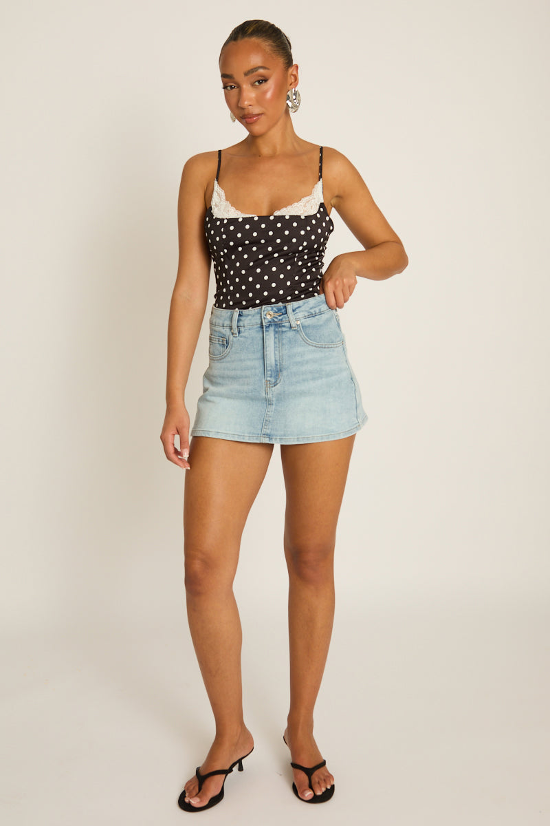 Black Satin Polka Dot Lace Trim Cami Top - Arna