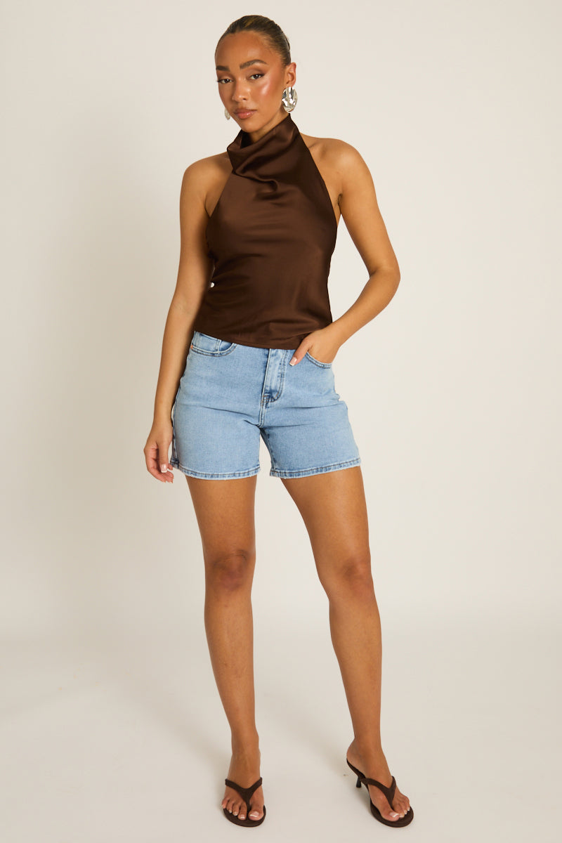 Chocolate Satin High Neck Cowl Top - Dawson