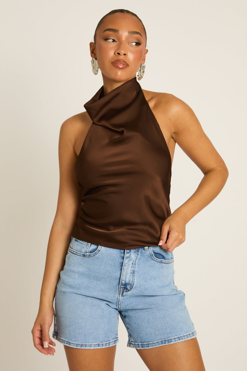 Chocolate Satin High Neck Cowl Top - Dawson