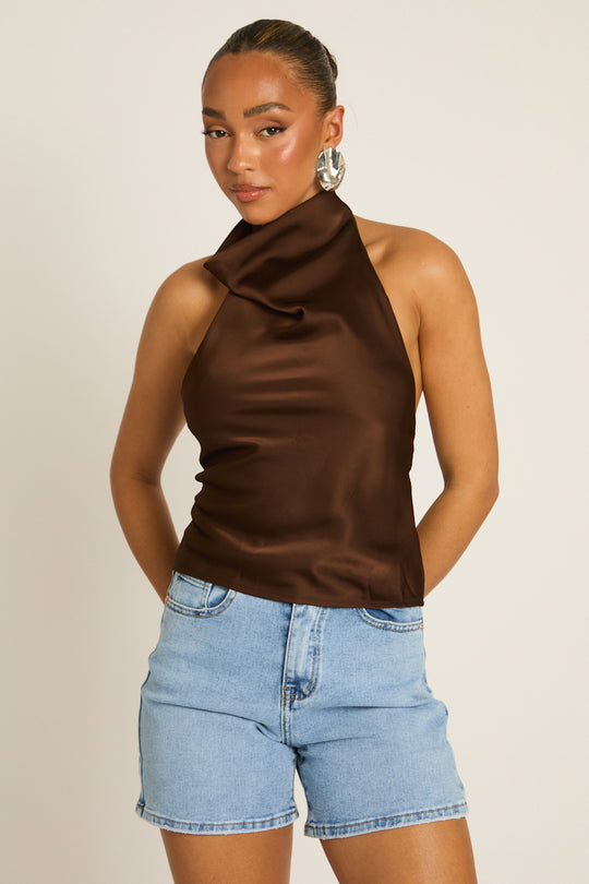 Chocolate Satin High Neck Cowl Top - Dawson