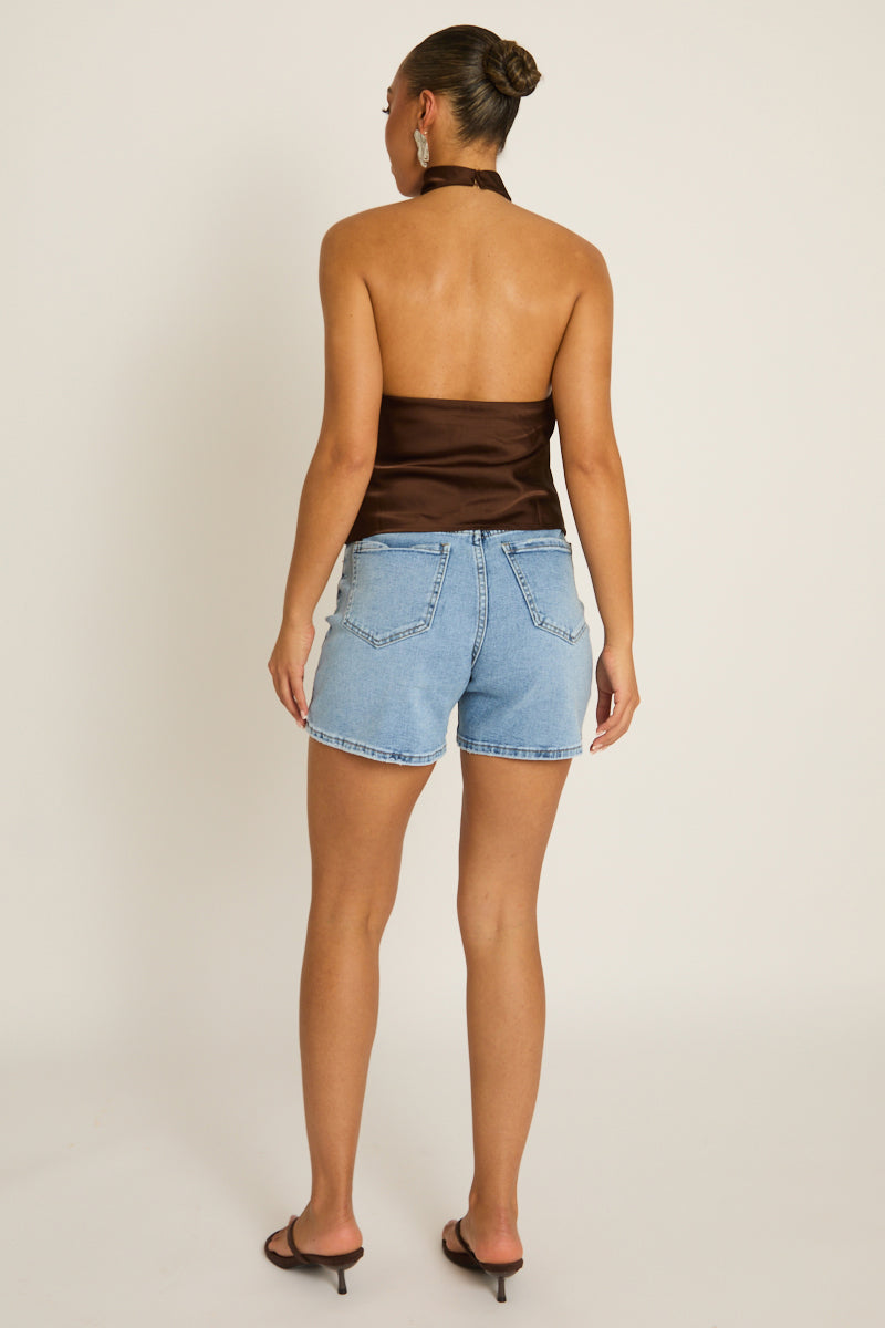 Chocolate Satin High Neck Cowl Top - Dawson