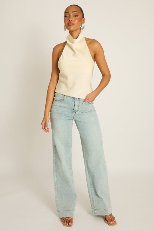 Washed Blue Stud Detail Wide Leg Jeans - Coban