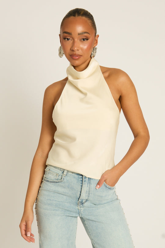 Cream Satin High Neck Cowl Top - Dawson