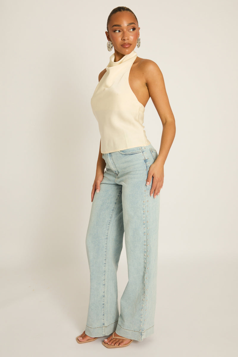Washed Blue Stud Detail Wide Leg Jeans - Coban