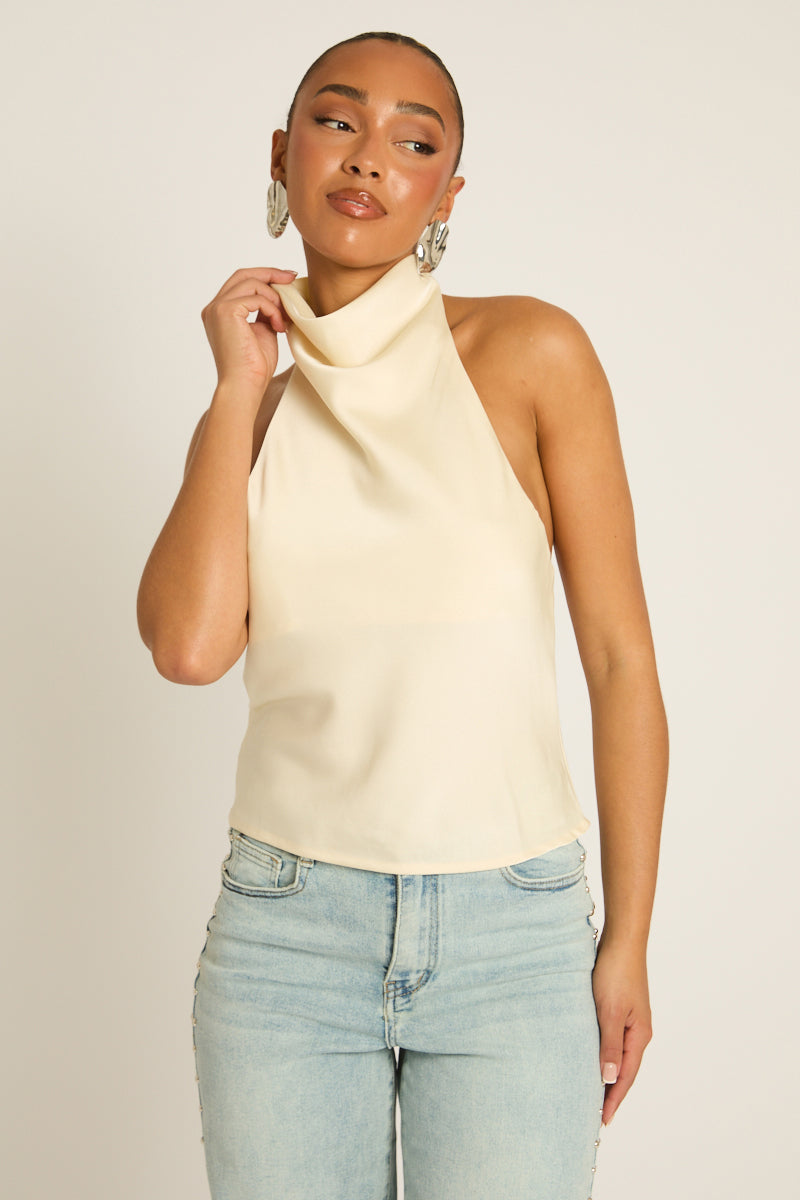 Cream Satin High Neck Cowl Top - Dawson
