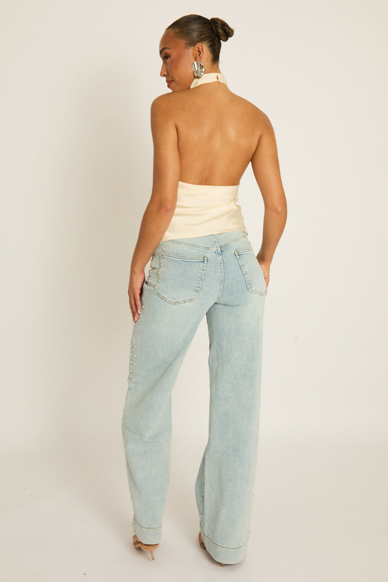 Cream Satin High Neck Cowl Top - Dawson