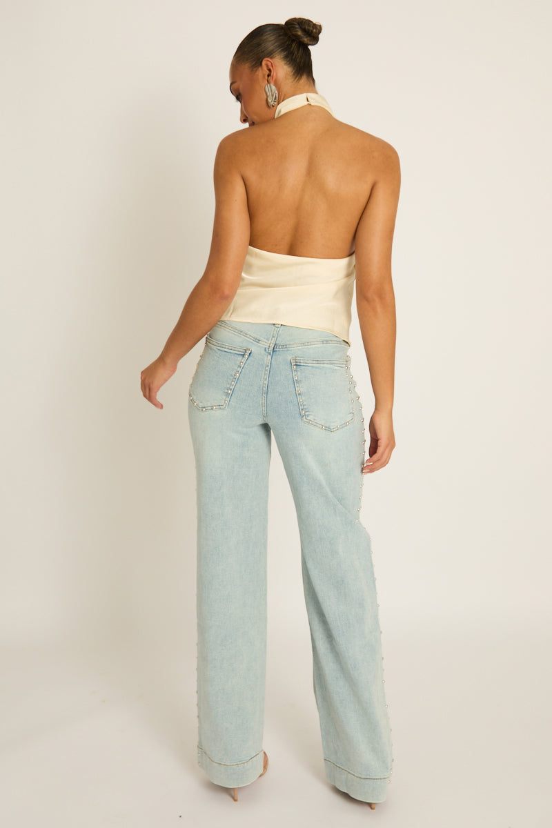 Washed Blue Stud Detail Wide Leg Jeans - Coban