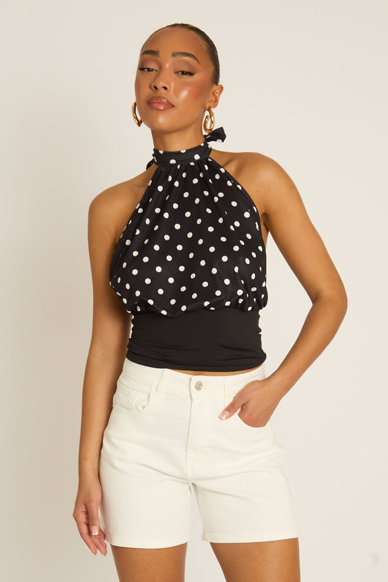 Black Cinched Waist Polka Dot Top - Deena