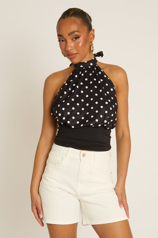 Black Cinched Waist Polka Dot Top - Deena