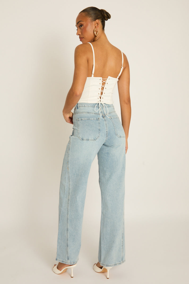 Blue Seam Detail Wide Leg Jeans - Morris