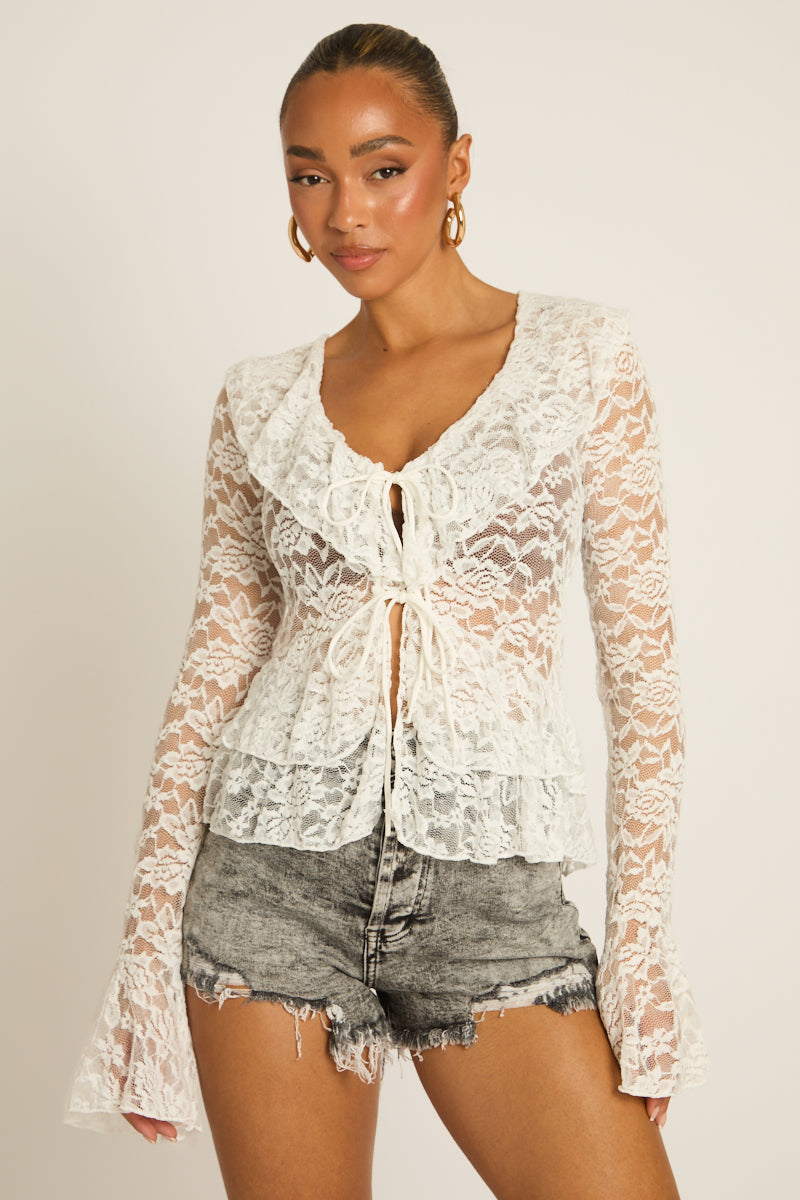 White Lace Tie Front Top - Nella
