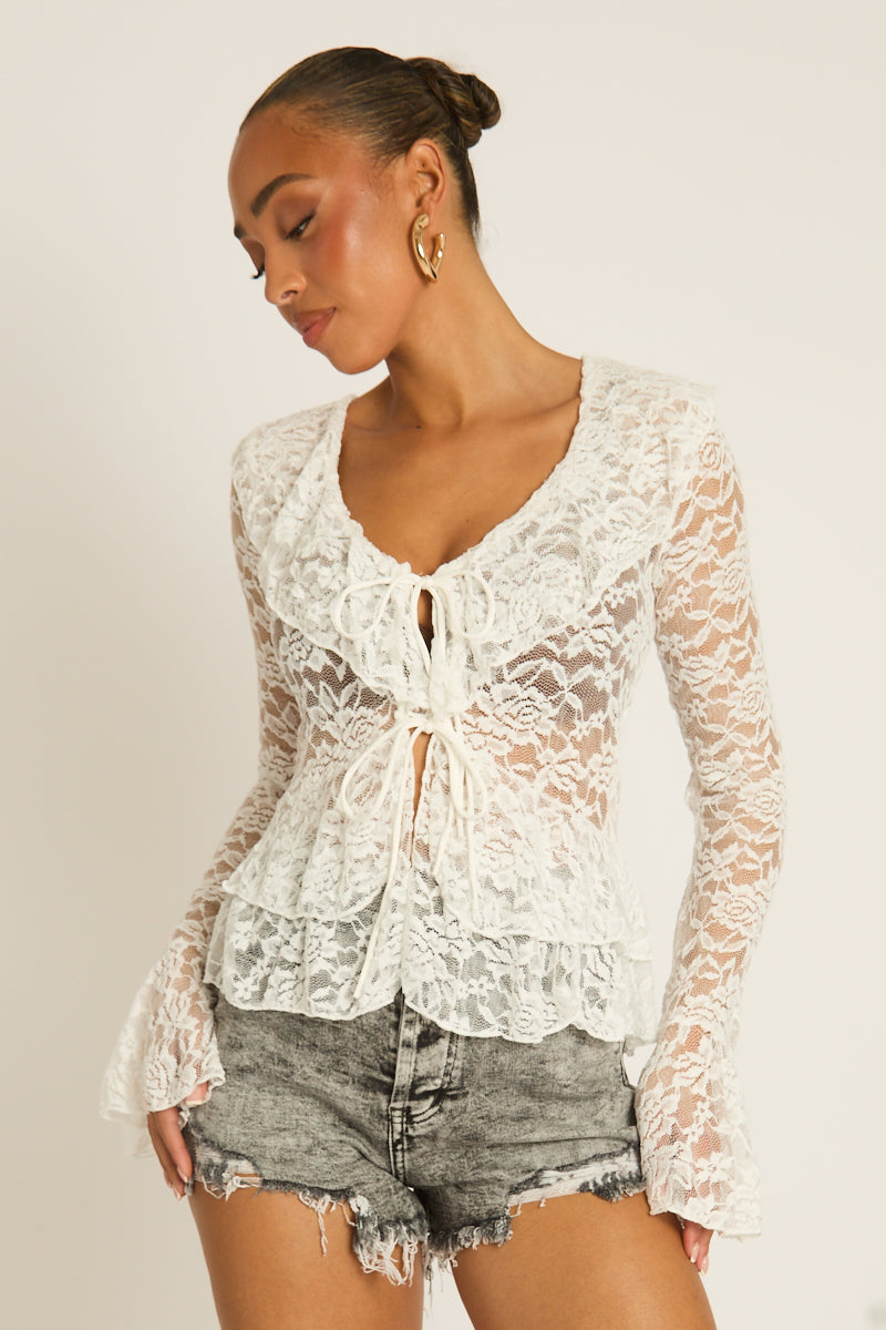 White Lace Tie Front Top - Nella