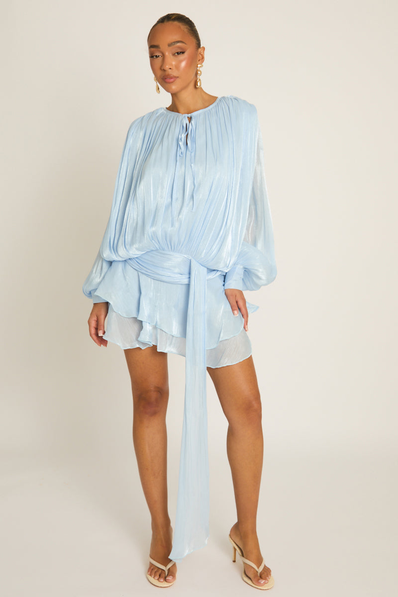 Blue Tie Front Blouson Mini Dress - Annabelle