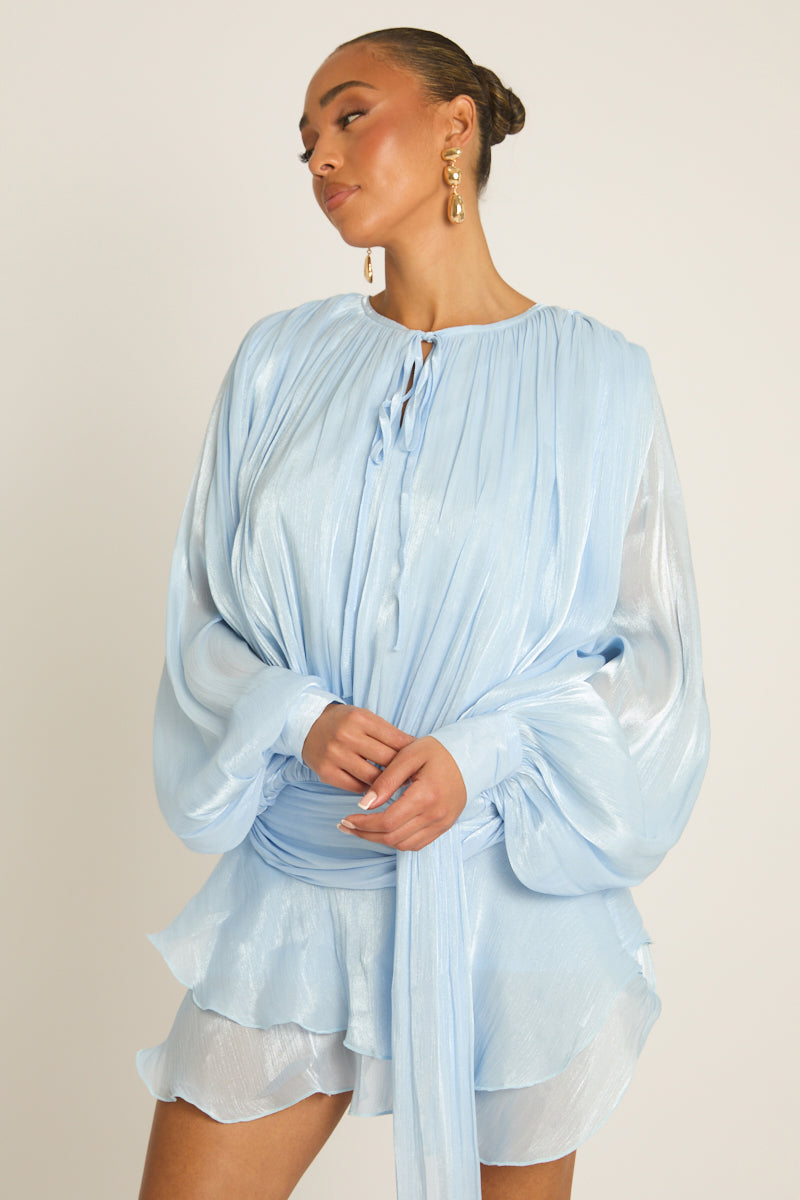Blue Tie Front Blouson Mini Dress - Annabelle