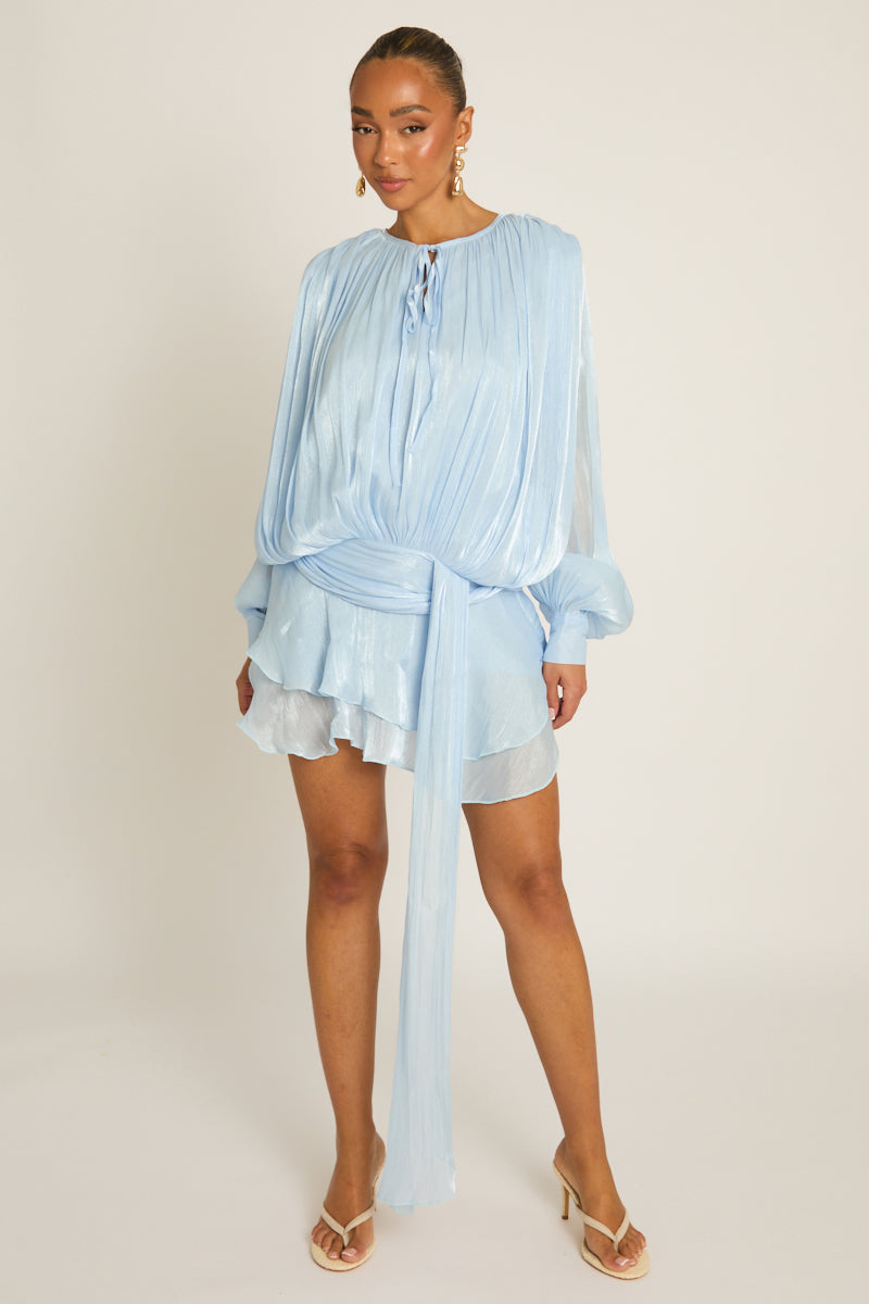 Blue Tie Front Blouson Mini Dress - Annabelle