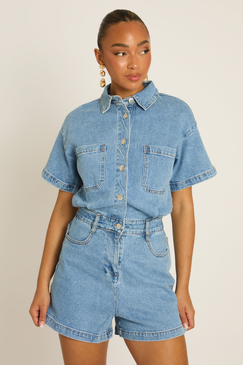 Washed Blue Denim Playsuit - Keke