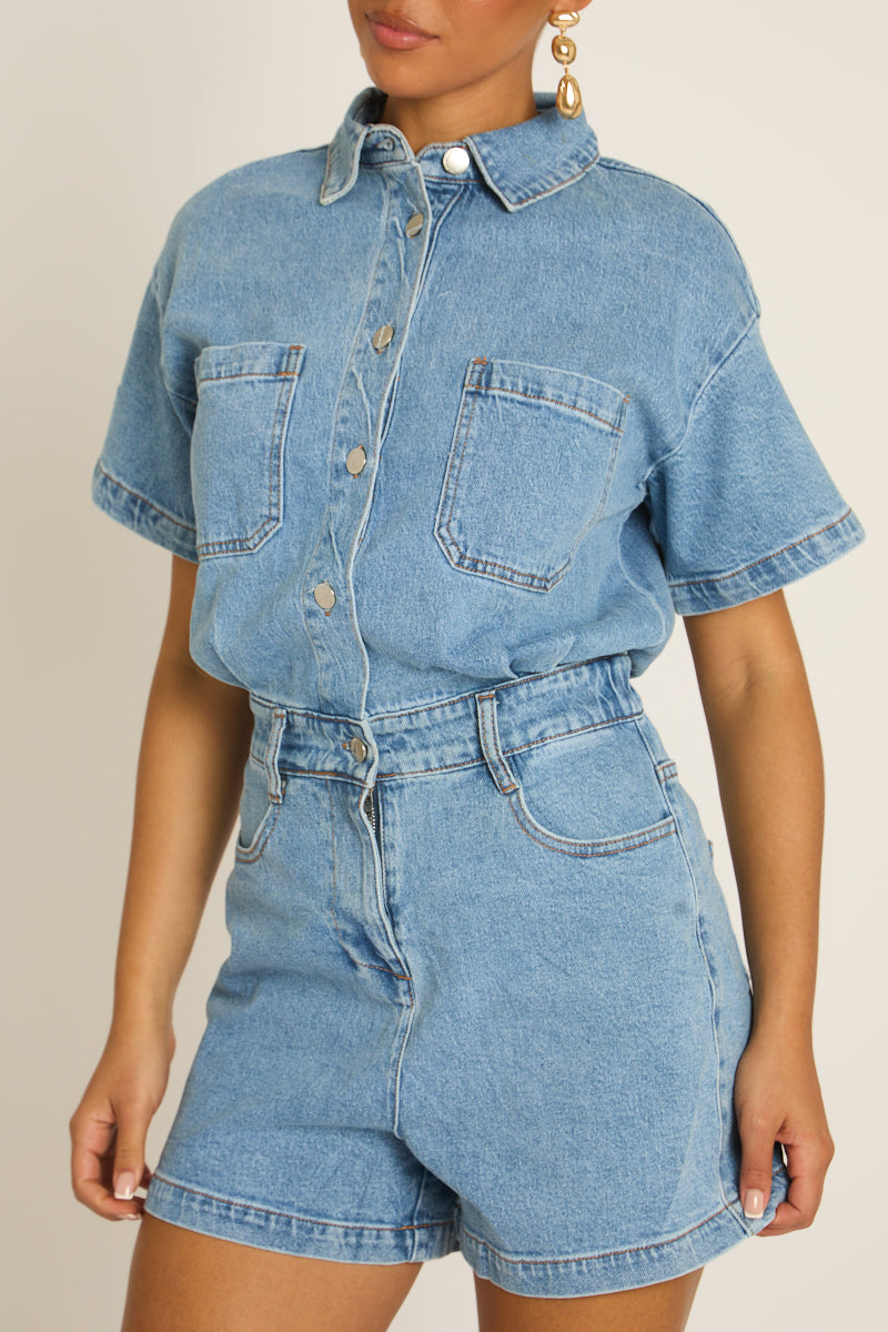 Washed Blue Denim Playsuit - Keke