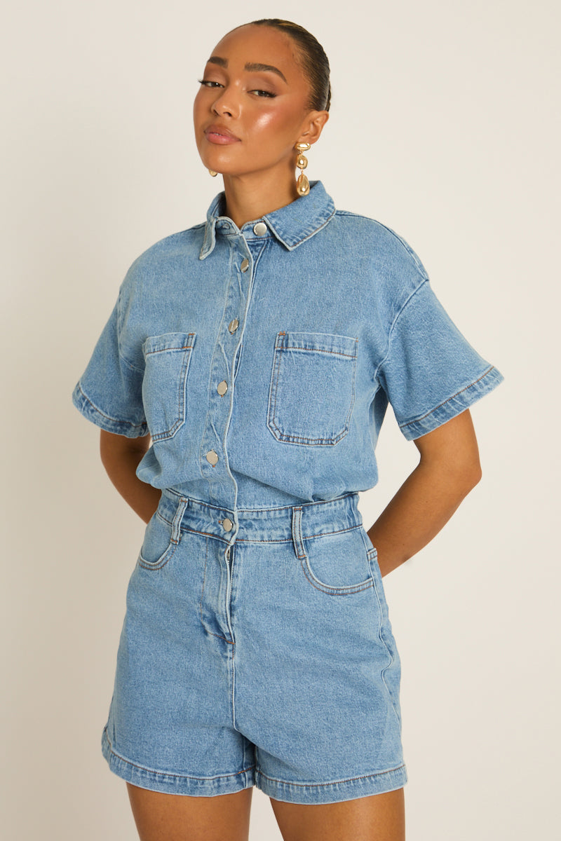 Washed Blue Denim Playsuit - Keke