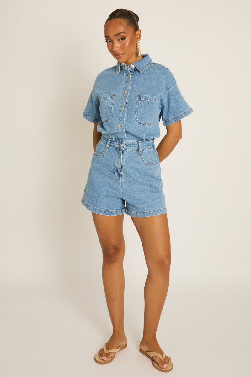 Washed Blue Denim Playsuit - Keke