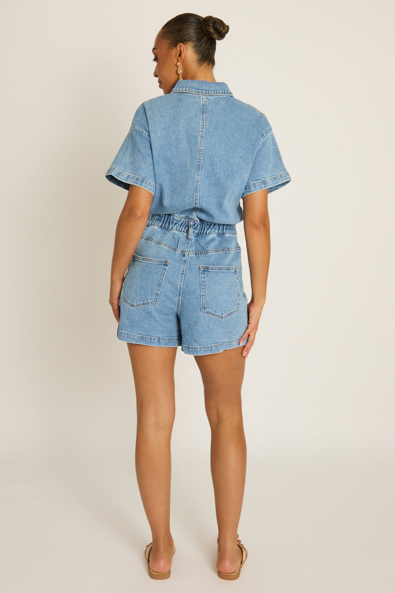 Washed Blue Denim Playsuit - Keke