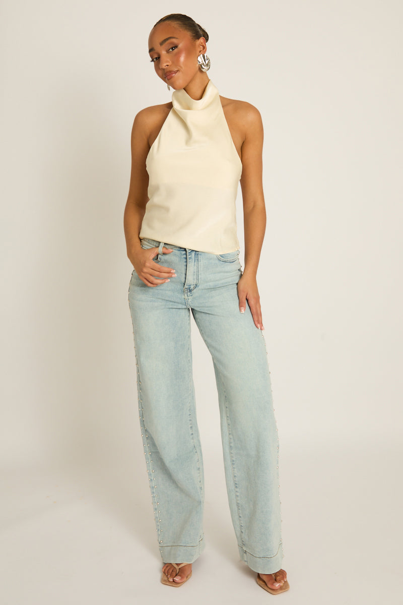 Washed Blue Stud Detail Wide Leg Jeans - Coban