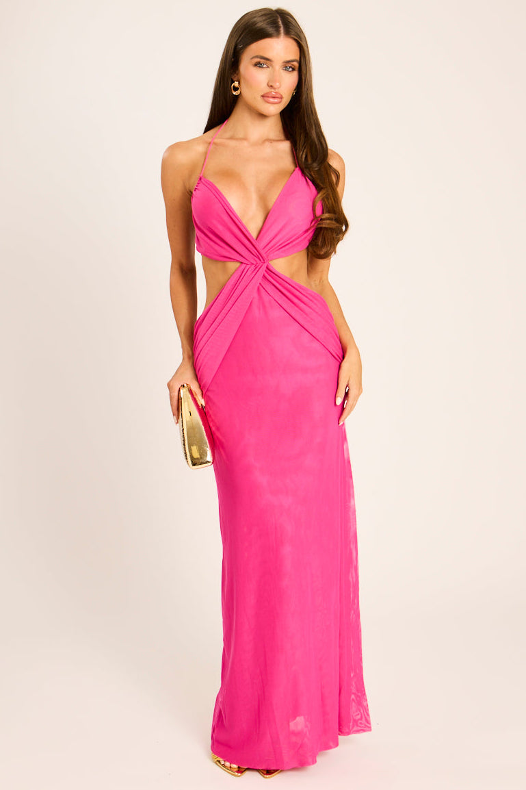 Pink Mesh Wrap Detail Halterneck Maxi Dress - Kenna