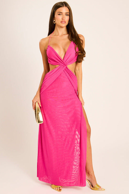 Pink Mesh Wrap Detail Halterneck Maxi Dress - Kenna