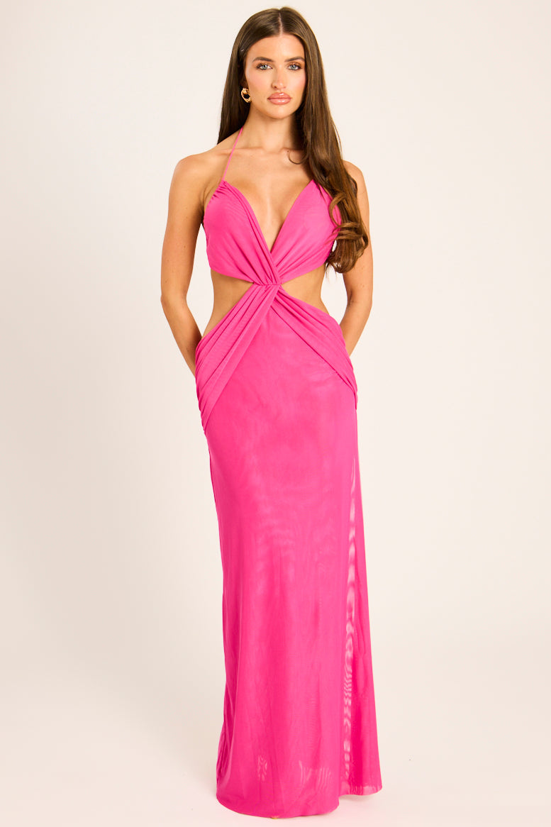 Pink Mesh Wrap Detail Halterneck Maxi Dress - Kenna