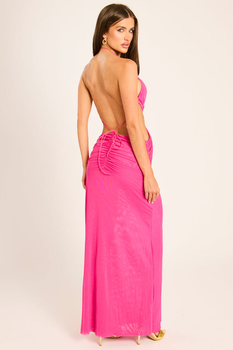 Pink Mesh Wrap Detail Halterneck Maxi Dress - Kenna