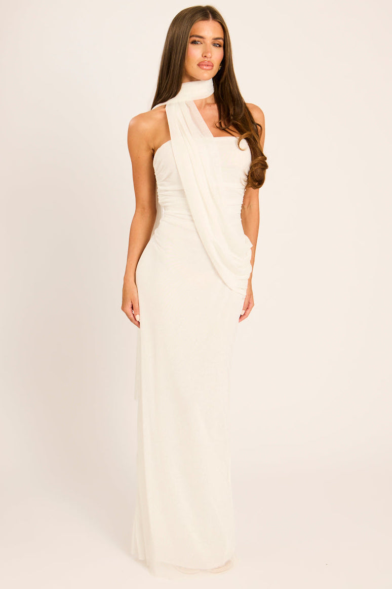 Cream Mesh Scarf Detail Bandeau Maxi Dress | Dresses