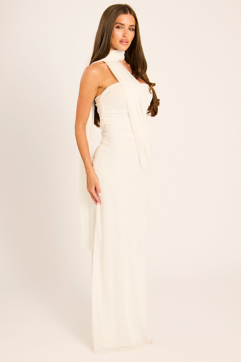 Cream Mesh Scarf Detail Bandeau Maxi Dress - Lisha