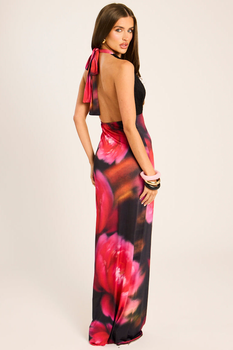 Black Lace Cup Floral Maxi Dress - Kerris