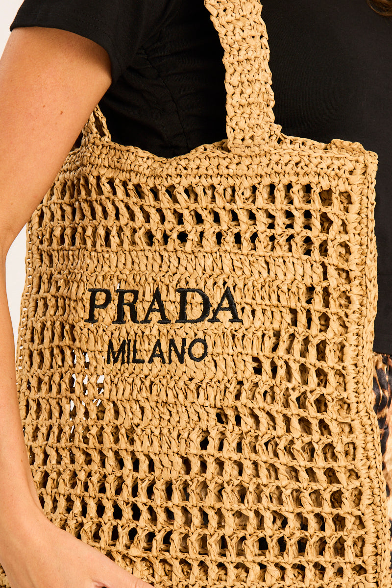 Beige Logo Detail Raffia Tote Bag - Shaya
