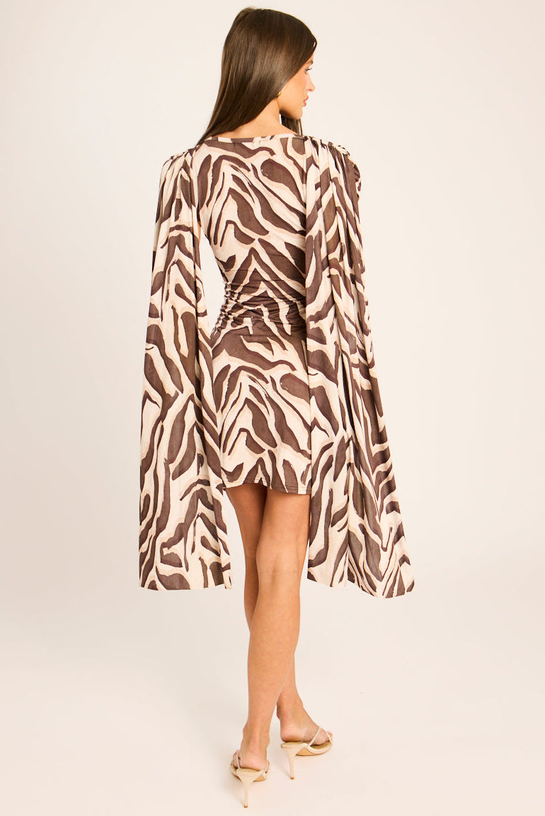 Brown Zebra Print Gathered Cape Mini Dress - Miyar