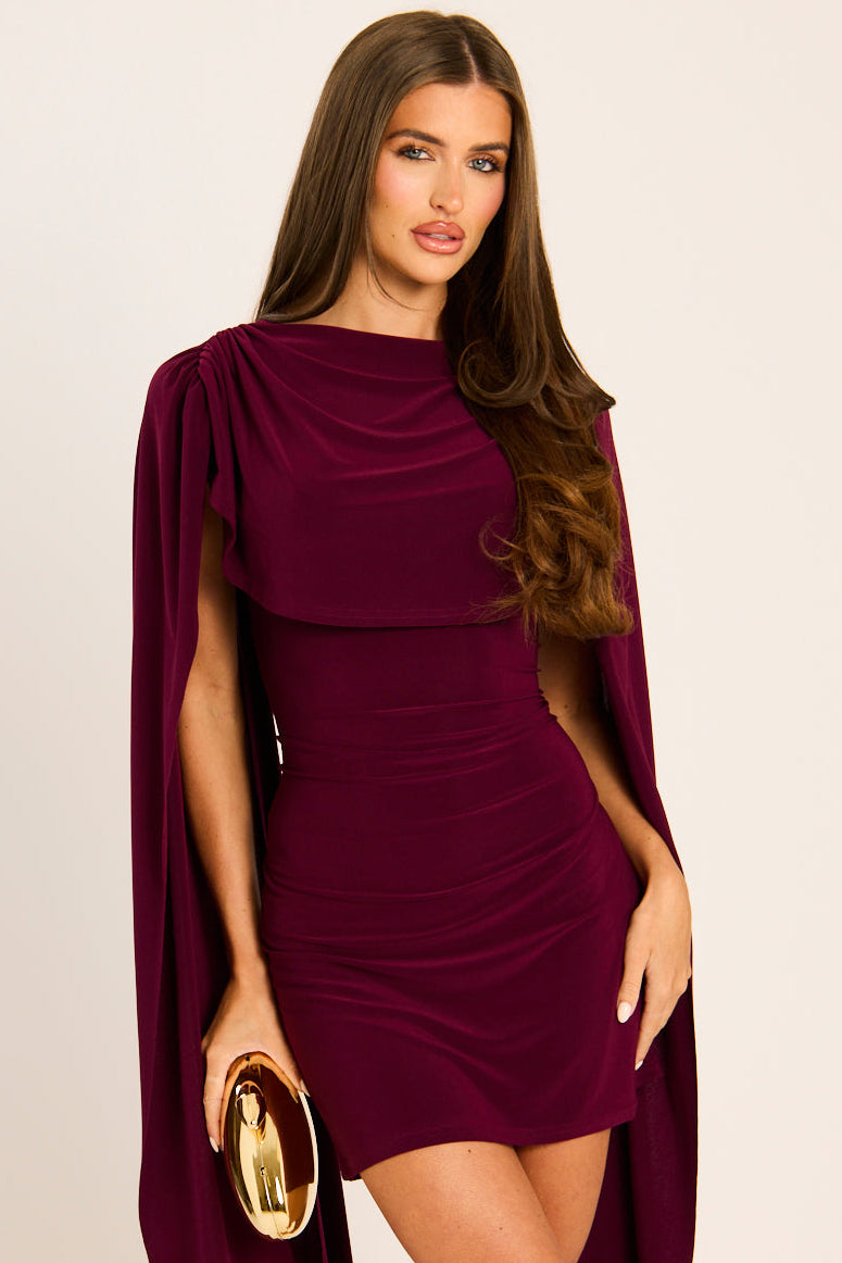 Plum Gathered Cape Mini Dress - Miyar