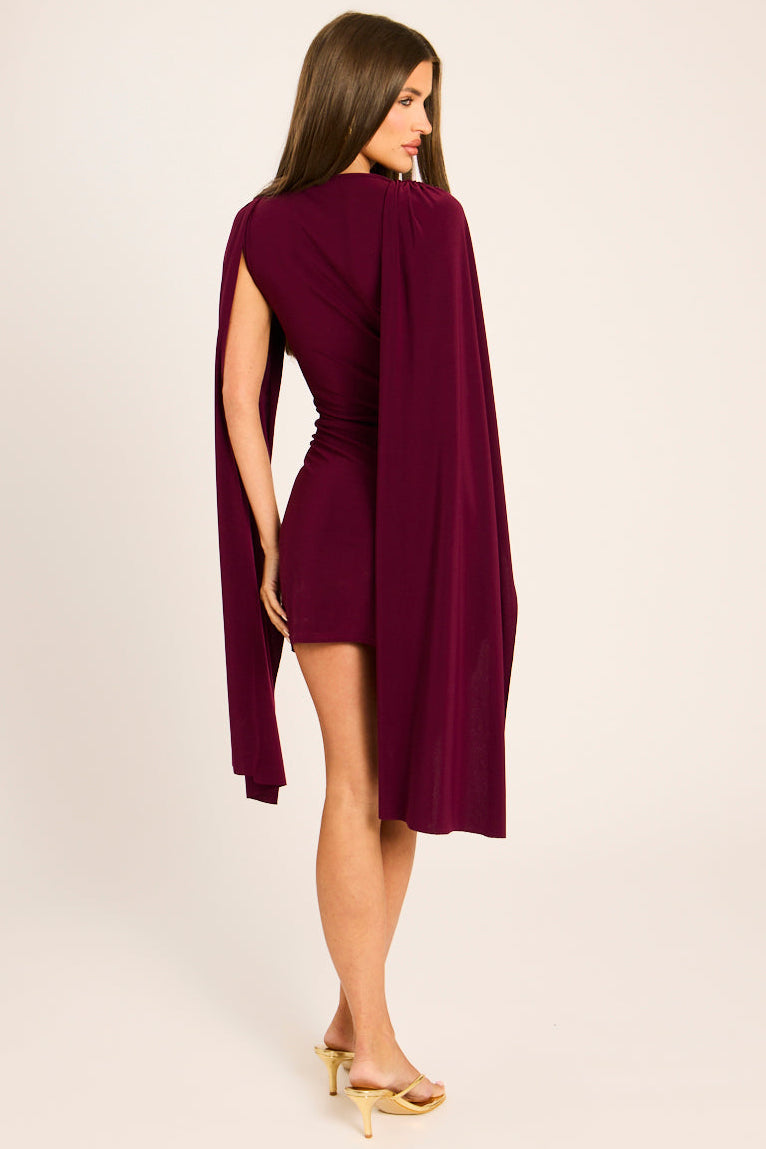 Plum Gathered Cape Mini Dress - Miyar