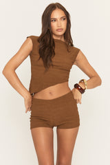 Brown Textured Asymmetric Top and Shorts Co-ord Set - Marea