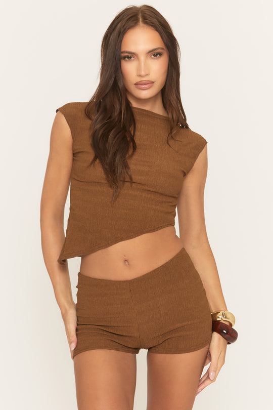 Brown Textured Asymmetric Top and Shorts Co-ord Set - Marea
