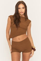 Brown Textured Asymmetric Top and Shorts Co-ord Set - Marea